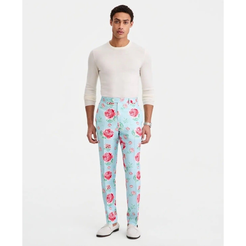$98 NEW TALLIA MENS 42X32 BLUE/PINK FLORAL LINEN TROUSERS DRESS PANTS SLACKS